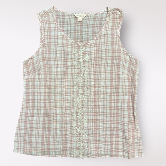 April Cornell Linen Tank L Pink White Plaid Sleeveless Boho Cottagecore - Picture 1 of 7